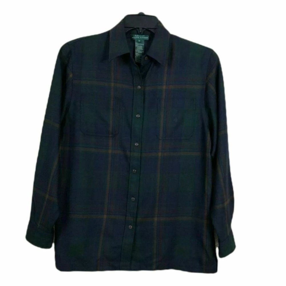 Ralph Lauren Women Blouse Worsted Wool  Dark Blue Green Checks Size Medium